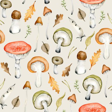 Sonbahar orman desenleri. Mantarlar ve yapraklar. Sonbahar geçmişi. Botanik desenler.