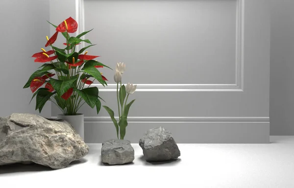 Indoor stone flowers and decorations against wall background.