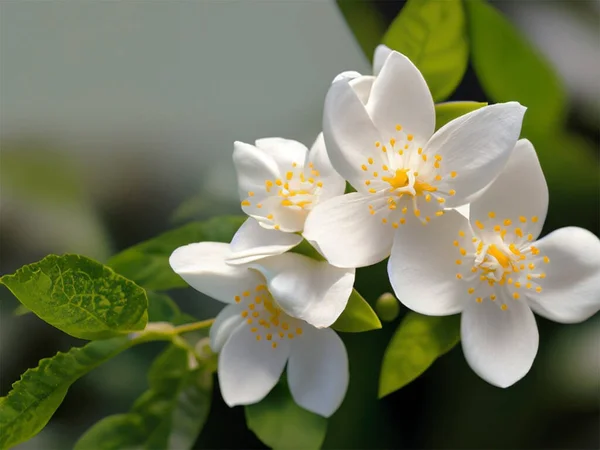 Pure white jasmine flowers on a blurred background.