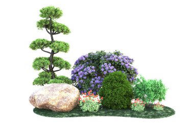Kırmızı çiçekli yeşil çimen tarlası, kayalar ve beyaz çiçekler; doğa temalı tasarımlar, bahçe malzemeleri veya açık hava projeleri için ideal