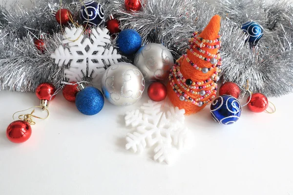 Christmas Background Red Blue Silver Baubles White Background — Stock Photo, Image