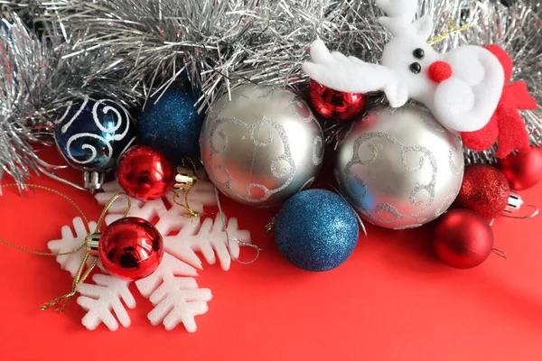 Christmas Background Red Blue Silver Baubles Red Background — Stock Photo, Image