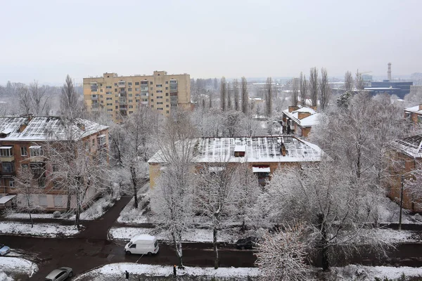 Cidade Inverno Com Árvores Cobertas Neve — Fotografia de Stock