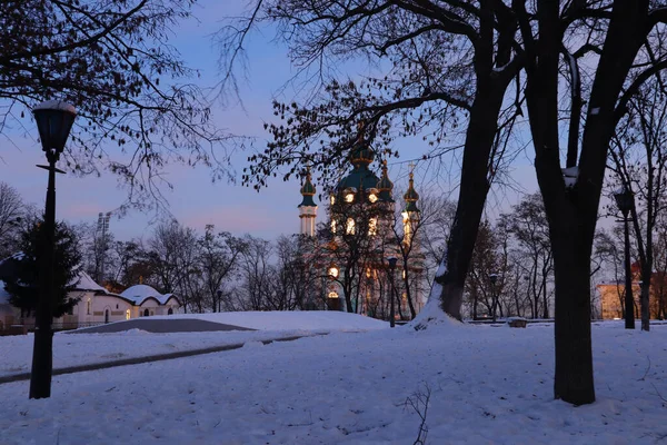 Андреевский Храм Зимнее Время Вечером Киеве Украина — стоковое фото