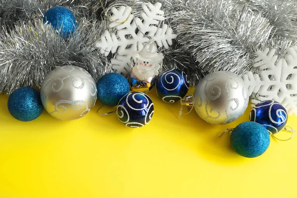 Christmas Blue Baubles Decoration Isolated Yellow Background — Stock Photo, Image