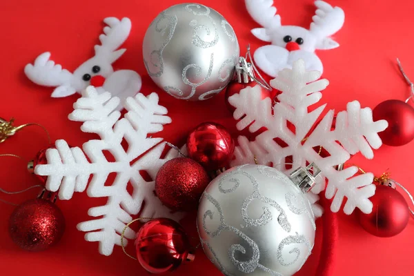 Christmas Background Red Silver Baubles Red Background — Stock Photo, Image