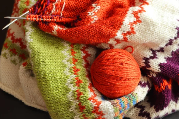 Fragment Knitted Needlework Knitting Needles Ball Yarn — Stock Photo, Image