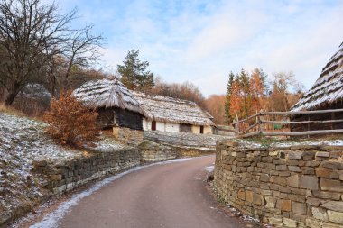 Traditional Ukrainian houses from a village in the Transcarpathian region in skansen Pirogovo in Kyiv, Ukraine