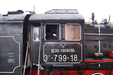 Vintage locomotive with steam powered in Kyiv, Ukraine