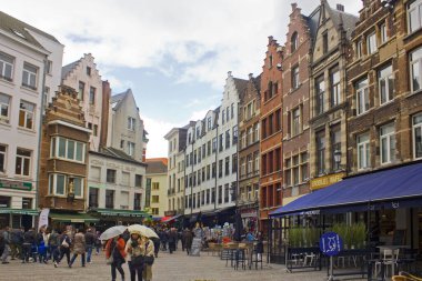 View of historic houses and street cafe in Old Town of Antwerp, Belgium