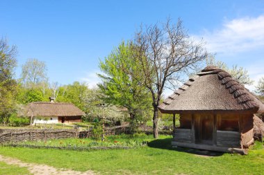Ukrayna 'nın başkenti Kyiv' deki Orta Transnistria Pirogovo 'dan Ukrayna' ya ait Whitewashed Ukrayna vintage evi.