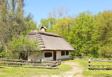 Ukrayna 'nın başkenti Kyiv Pirogovo' da Orta Transnistria 'dan kalma sazdan çatılı bir ev.
