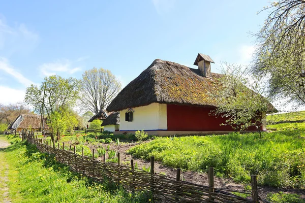Whitewashed Wooden House Thatched Roof Podolia Skansen Pirogovo Kyiv Ukraine — Fotografia de Stock