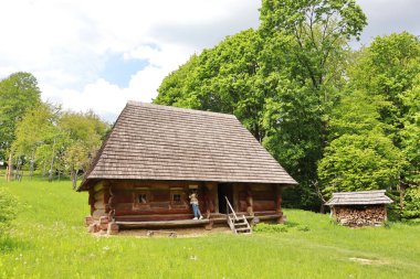 Folk Architecture Müzesi 'nin ahşap çatılı ve Lviv, Ukrayna' daki 