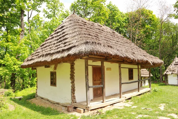 Whitewashed Casa Com Telhado Palha Skansen Museum Folk Architecture Life — Fotografia de Stock