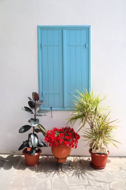 Kıbrıs Rum Kesimi 'nin Limasol kentindeki vintage evin mavi ahşap penceresi