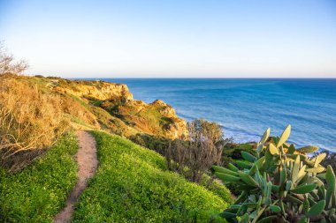 Ponta da Piedade - Lagos, Algarve, Portekiz 'de günbatımında okyanus kıyısında mağaraları ve mağaraları olan ünlü kaya oluşumları