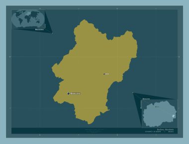 Bosilovo, Makedonya belediyesi. Katı renk şekli. Bölgenin büyük şehirlerinin yerleri ve isimleri. Köşedeki yedek konum haritaları