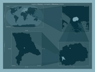 Debarca, Makedonya belediyesi. Büyük ölçekli haritalarda bölgenin yerini gösteren diyagram. Katı bir arkaplan üzerinde vektör çerçevelerinin ve PNG şekillerinin bileşimi