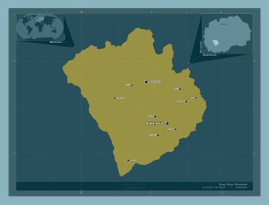 Demir Hisar, Makedonya belediyesi. Katı renk şekli. Bölgenin büyük şehirlerinin yerleri ve isimleri. Köşedeki yedek konum haritaları