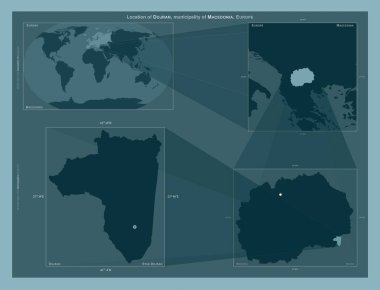 Dojran, Makedonya belediyesi. Büyük ölçekli haritalarda bölgenin yerini gösteren diyagram. Katı bir arkaplan üzerinde vektör çerçevelerinin ve PNG şekillerinin bileşimi