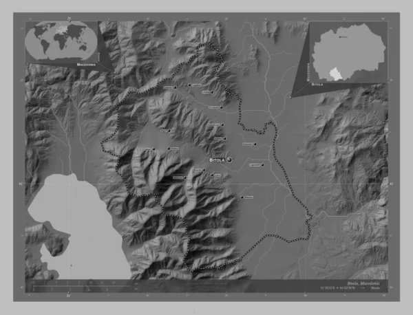 Bitola Gmina Macedonii Mapa Wzniesień Skali Szarości Jeziorami Rzekami Lokalizacje — Zdjęcie stockowe