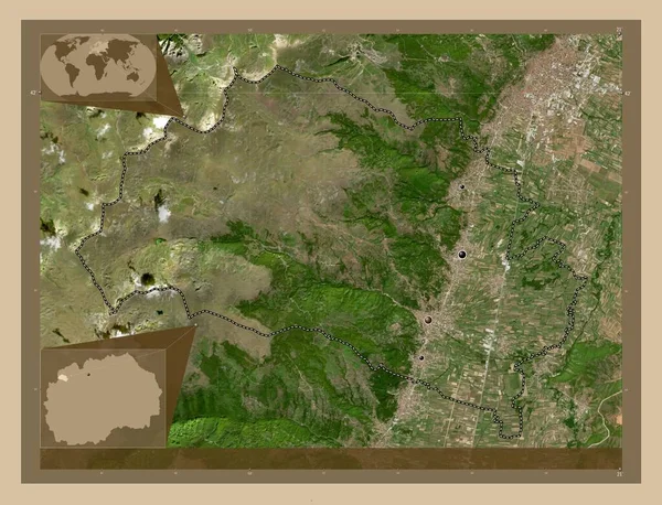 Bogovinje Municipality Macedonia 低分辨率卫星地图 该区域主要城市的所在地点 角辅助位置图 — 图库照片