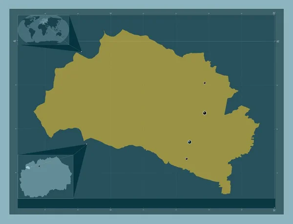 マケドニア共和国の自治体 しっかりした色の形 地域の主要都市の場所 コーナー補助位置図 — ストック写真