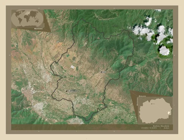 ボジロヴォ マケドニアの自治体 高解像度衛星地図 地域の主要都市の位置と名前 コーナー補助位置図 — ストック写真