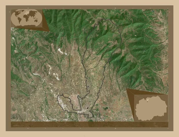 マケドニア共和国の自治体 低解像度衛星地図 地域の主要都市の場所 コーナー補助位置図 — ストック写真