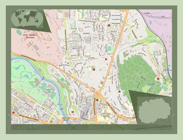 マケドニアの自治体 ストリートマップを開く 地域の主要都市の場所 コーナー補助位置図 — ストック写真