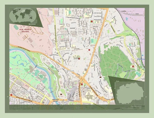 Cair Municipality Macedonia 开放街道地图 该区域主要城市的地点和名称 角辅助位置图 — 图库照片