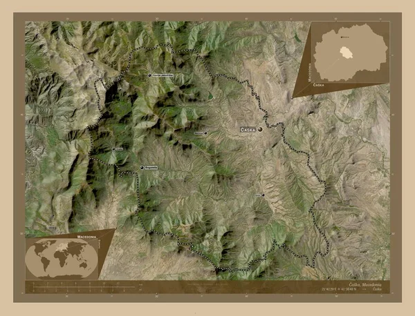カスカ マケドニアの自治体 低解像度衛星地図 地域の主要都市の位置と名前 コーナー補助位置図 — ストック写真