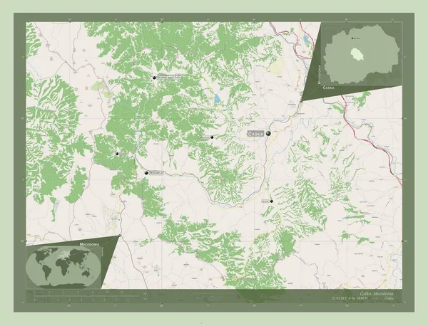 カスカ マケドニアの自治体 ストリートマップを開く 地域の主要都市の位置と名前 コーナー補助位置図 — ストック写真