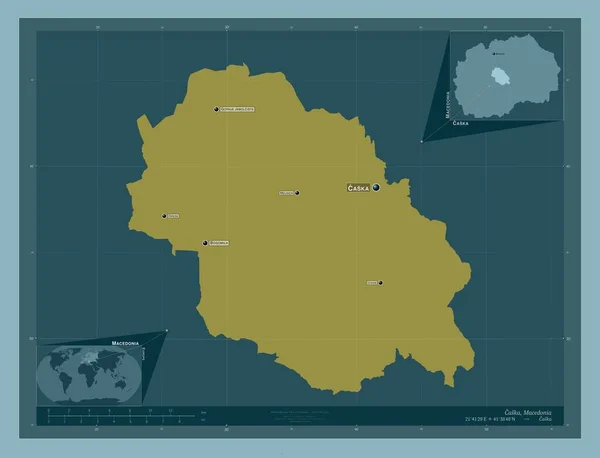 カスカ マケドニアの自治体 しっかりした色の形 地域の主要都市の位置と名前 コーナー補助位置図 — ストック写真