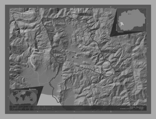 デバルカ マケドニアの自治体 湖や川と二階の標高マップ 地域の主要都市の位置と名前 コーナー補助位置図 — ストック写真