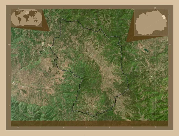 马其顿市Delcevo 低分辨率卫星地图 该区域主要城市的所在地点 角辅助位置图 — 图库照片