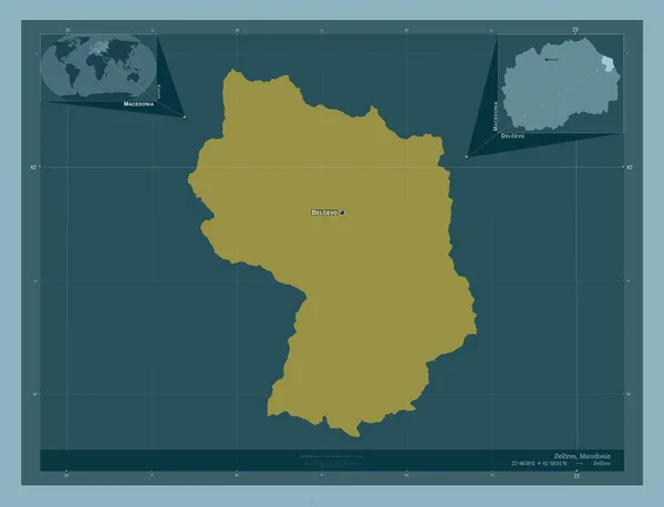 デルチェヴォ マケドニアの自治体 しっかりした色の形 地域の主要都市の位置と名前 コーナー補助位置図 — ストック写真