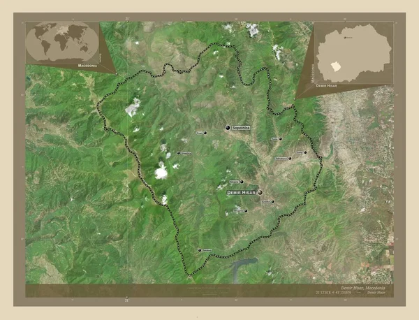 Demir Hisar 马其顿市 高分辨率卫星地图 该区域主要城市的地点和名称 角辅助位置图 — 图库照片