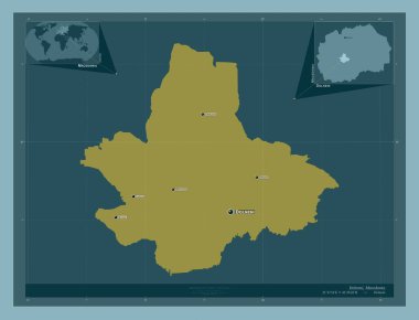 Dolneni, Makedonya belediyesi. Katı renk şekli. Bölgenin büyük şehirlerinin yerleri ve isimleri. Köşedeki yedek konum haritaları