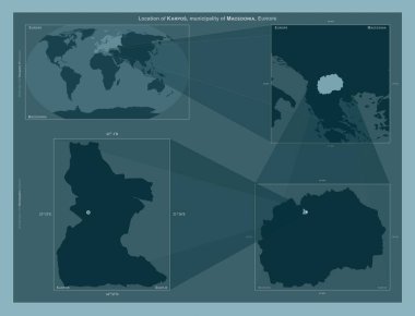 Karpos, Makedonya Belediyesi. Büyük ölçekli haritalarda bölgenin yerini gösteren diyagram. Katı bir arkaplan üzerinde vektör çerçevelerinin ve PNG şekillerinin bileşimi