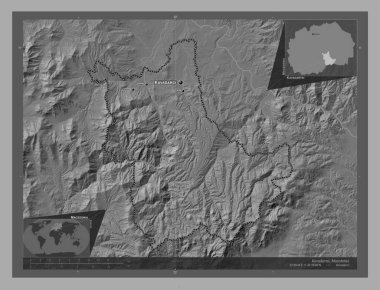 Kavadartsi, Makedonya belediyesi. Göllü ve nehirli çift katlı yükseklik haritası. Bölgenin büyük şehirlerinin yerleri ve isimleri. Köşedeki yedek konum haritaları