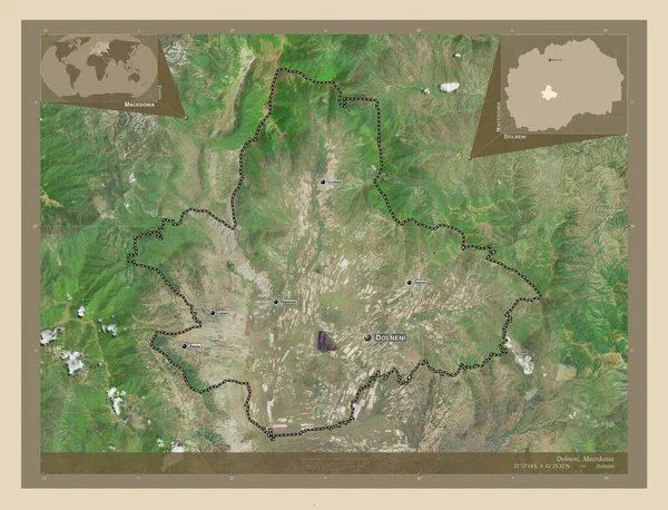 ドルネニ マケドニア自治体 高解像度衛星地図 地域の主要都市の位置と名前 コーナー補助位置図 — ストック写真