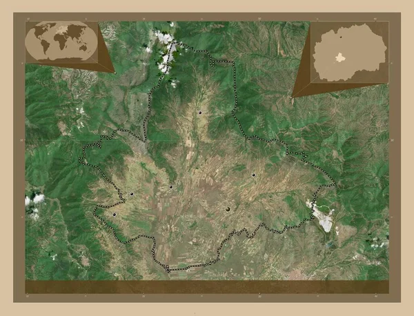 ドルネニ マケドニア自治体 低解像度衛星地図 地域の主要都市の場所 コーナー補助位置図 — ストック写真