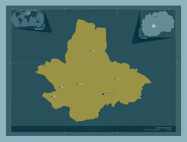 ドルネニ マケドニア自治体 しっかりした色の形 地域の主要都市の位置と名前 コーナー補助位置図 — ストック写真