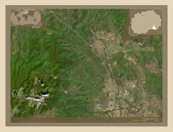 Gevgelija 马其顿市 高分辨率卫星地图 该区域主要城市的地点和名称 角辅助位置图 — 图库照片