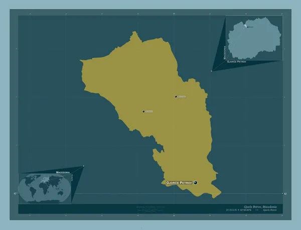 マケドニアの自治体であるGjorce Petrov しっかりした色の形 地域の主要都市の位置と名前 コーナー補助位置図 — ストック写真