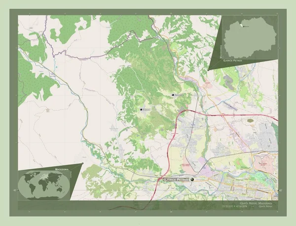マケドニアの自治体であるGjorce Petrov ストリートマップを開く 地域の主要都市の位置と名前 コーナー補助位置図 — ストック写真