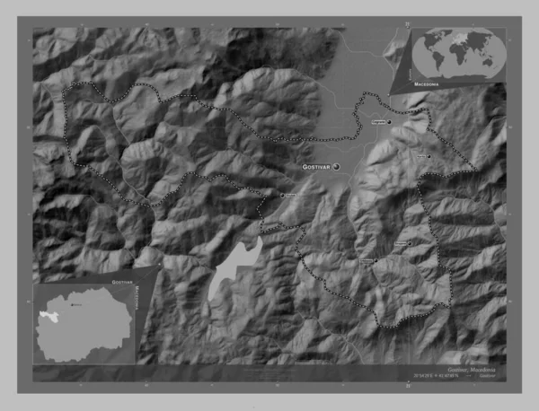 ゴスティバル マケドニアの自治体 湖や川とグレースケールの標高マップ 地域の主要都市の位置と名前 コーナー補助位置図 — ストック写真