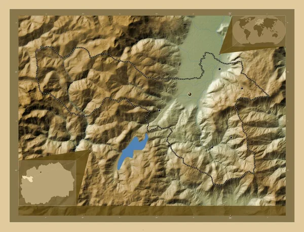 ゴスティバル マケドニアの自治体 湖や川と色の標高マップ 地域の主要都市の場所 コーナー補助位置図 — ストック写真